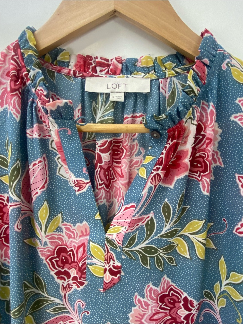 LOFT Teal Floral Ruffle-Shoulder Blouse with Pink Blooms - Picture 4 of 7